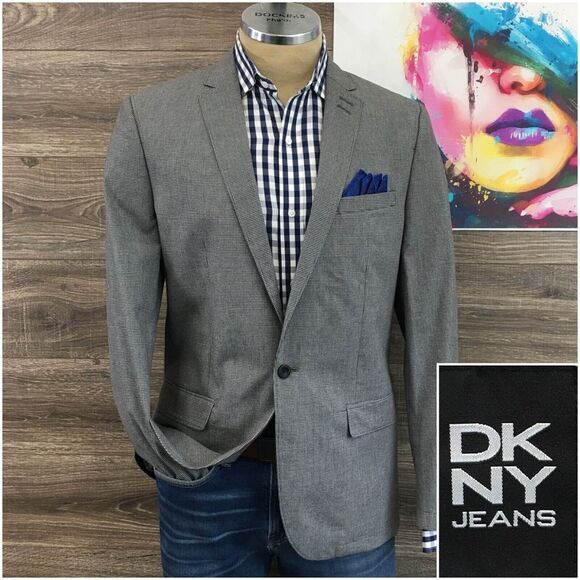 DKNY Mens Blazer Sport Coat‎ One Button Casual Jacket Size 42L Gray Cotton Suits